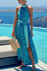 Unique Print Sexy Off-the-shoulder Waist Tie Slit Holiday Midi Dresses