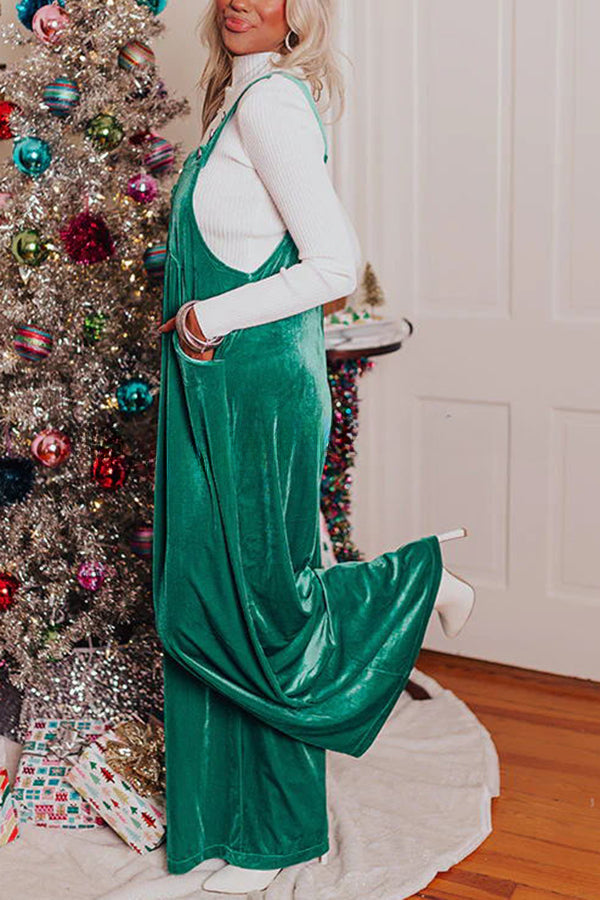 Trendy Style Adorable Velevt Pocketed Wide Leg Jumpsuit