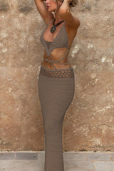 Sexy Knit Hollow Waist-baring Vacation Cover Up Maxi Dress