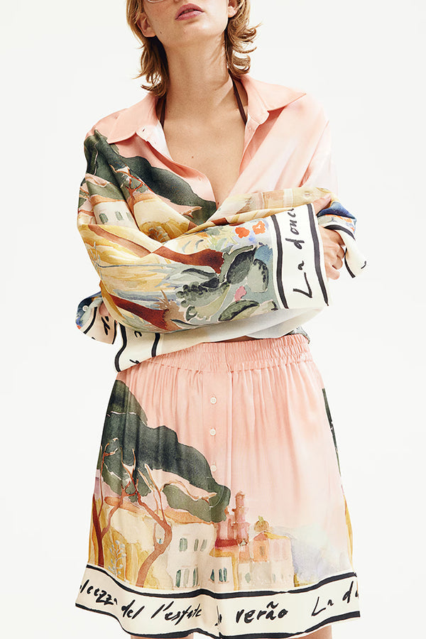 Unique Print Lapel Long Sleeve Loose Shirt and Elastic Waist Casual Pocket Shorts Set