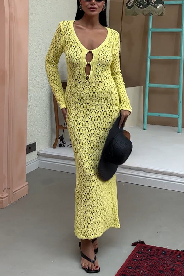 Fashion V-neck Long-sleeved Hollow Slim Maxi Dress