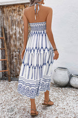 Bohemian Holiday Style Unique Print Halter Neck Tie Slit Midi Dress