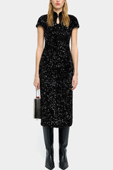 Cheongsam Style Velvet Sequin Stand Neck Short Sleeve Slit Midi Dress