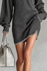Fashionable Loose-fitting Long-sleeved Collared Zip-up Casual Knitted Mini Dress
