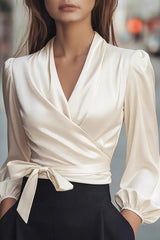 Satin V-neck Long-sleeved Casual Tie-wst Shirt