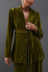 Solid Color Velvet Long-sleeved Waist Tie Top and Elastic Waist Casual Pocket Straight-leg Pants Set