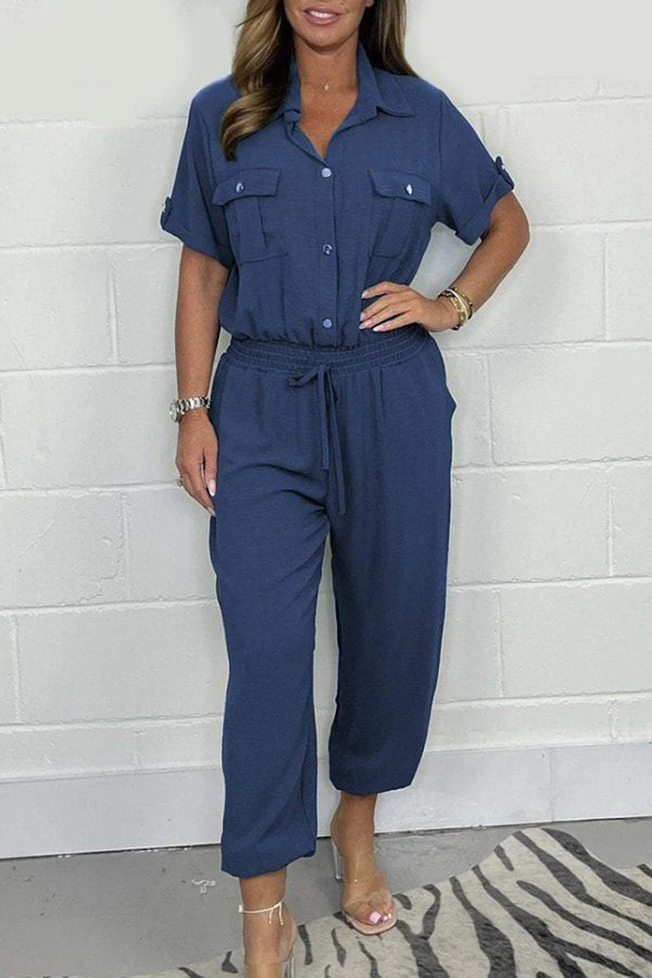 Solid Color Lapel Short Sleeve Casual Pocket Loose Jumpsuit