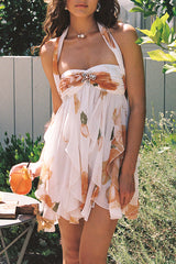 Arabella Floral Print Starfish Brooch Inverted Halter Neck Slit Ruffles Mini Dress