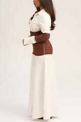 Fashionable Pleated Contrast Patchwork Waist Long Sleeve Button Shirt Maxi Dress