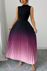 Fashionable Gradient Sleeveless Slim Fit Stitching Pleated Maxi Dress