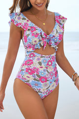 Printed V-neck Ruffled Stretch One-piece Swimsuit and Elegant Tulle Scarf Set