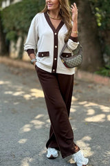 Stylish Color-blocked V-neck Knitted Button-down Cardigan and Elastic Waist Casual Wide-leg Pants Set