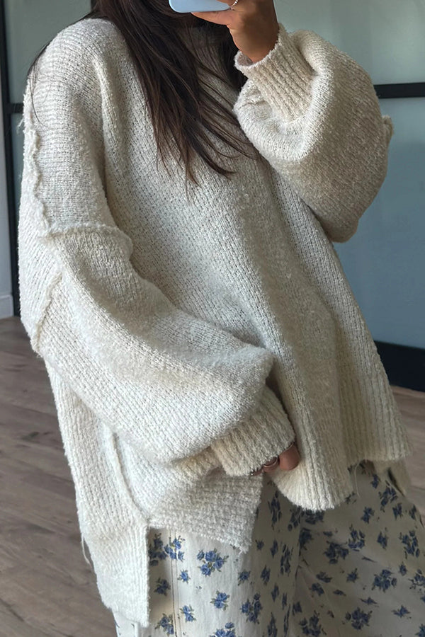 Solid Color Loose Long-sleeved Round Neck Knitted Split Sweater