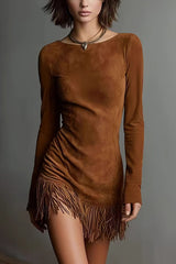 Stylish Suede Round Neck Long Sleeve Slim Fit Tassel Mini Dress