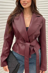 Solid Color Lapel Long Sleeve Waist Tie Loose Leather Jacket
