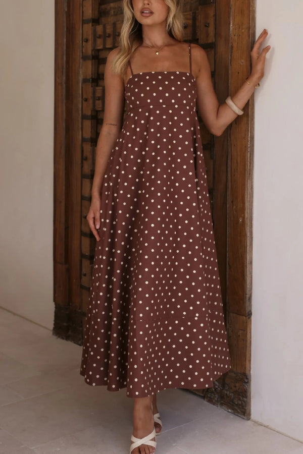 Polka Dot Print Square Neck Suspender Casual Pocket Maxi Dress