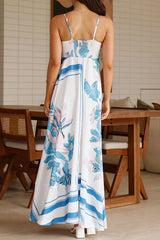 Botanical Print Halter Square Neck Pleated Loose Maxi Dress