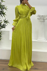 Ellah Shiny Fabric Chinese Stand Collar Twist Waist Balloon Sleeve Maxi Dress