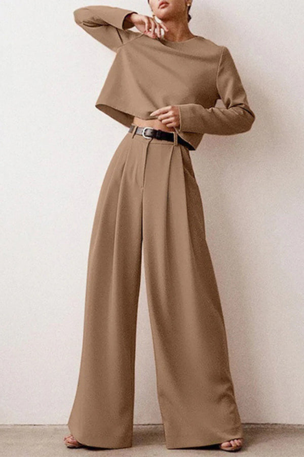 Solid Color Crew Neck Long-sleeved Cropped Top and Casual Pocket Wide-leg Pants Set
