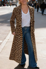 Leopard Print Long Sleeve Pocket Casual Maxi Trench Coat