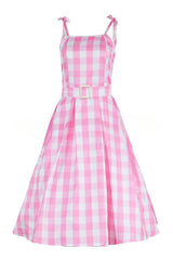 Barbie Pink Plaid Printed Cami Midi Dress