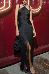 Sexy Halterneck Open Back Elegant Tassel Slim Maxi Dress