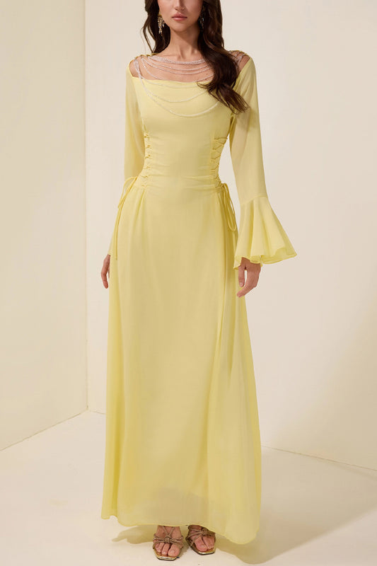 Fashionable Beaded Long-sleeved Square-neck Fitted Waist Tie Maxi Dress