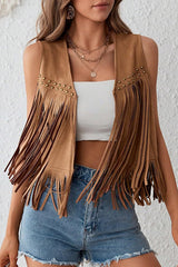 Stylish Suede V-neck Sleeveless Casual Studded Tassel Vest