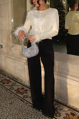 Cocktails First Sequin Button Up Long Sleeve Feather Cuff Party Top