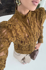 Palace Style Crochet Flower Lace Stand Neck Button Puff Sleeve Jacket