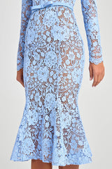 Feminine and Elegant Flower Lace Long Sleeve Bow Belted Flare Midi Dress