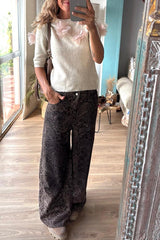 Alboran Knit Organza Flowers Detail Short Sleeve Loose Sweater