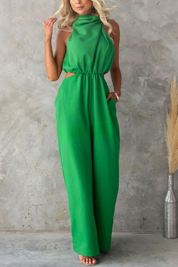 Elyssa High Neck Cutout Elastic Waist Pocketed Wide Leg Jumpsuit