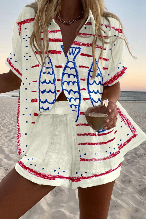 Sardine Crayon Print Loose Button Elastic Waist Shorts Set