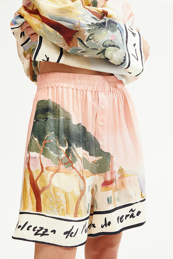 Unique Print Lapel Long Sleeve Loose Shirt and Elastic Waist Casual Pocket Shorts Set