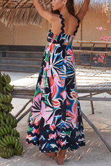 Vivi Floral Print Wavy Suspender Side Zip Maxi Dress