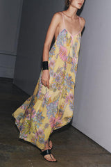 Plant Print Halter Back Loose Holiday Maxi Dress