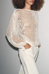 Maja Knit Sequin Hollow Out Wide Neck Balloon Sleeve Loose Cover-up Top