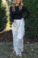 Music Festival Sequin Layered Tassels Mid Rise Pocket Loose Party Pants