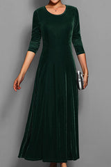 Solid Color Velvet Round Neck Long Sleeve Slim Midi Dress