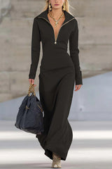 Solid Color Long-sleeved Lapel Zipper Casual Maxi Dress