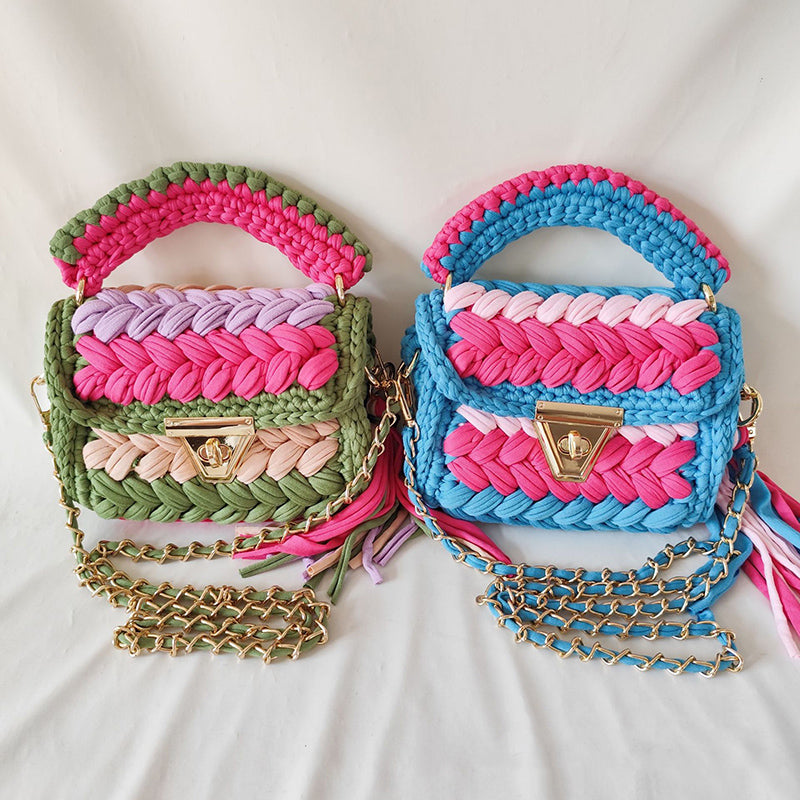 Contrast Color Stitching Braided Chain Tassel Bag
