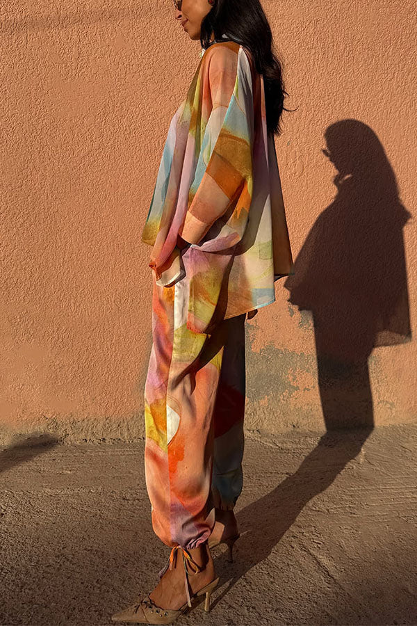 Vacation View Colorful Abstract Print Elastic Waist Pocket Loose Lantern Pants