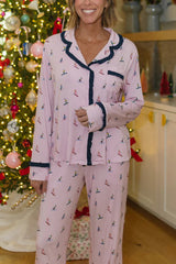 Postcards To Santa Unique Print Ruffles Trim Pocket Shirt and Elastic Waist Pajama Set