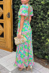 Floral Print V-neck Puff Sleeve Open-back Maxi Dress