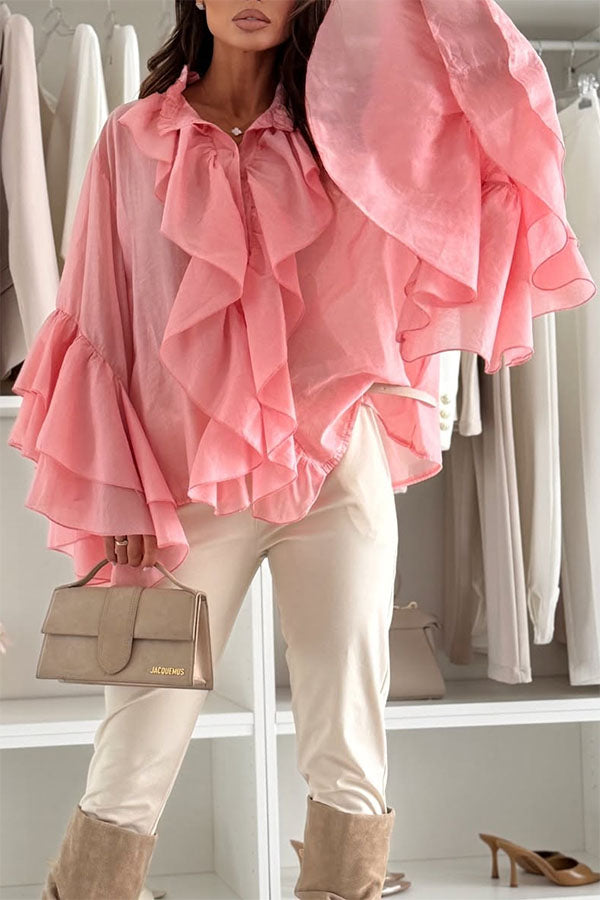 Breezy Touch Chiffon Layered Ruffles Long Bell Sleeve Button Up Loose Blouse