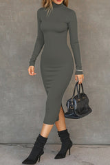 Solid Color Casual Long Sleeve High Neck Slim Midi Dress
