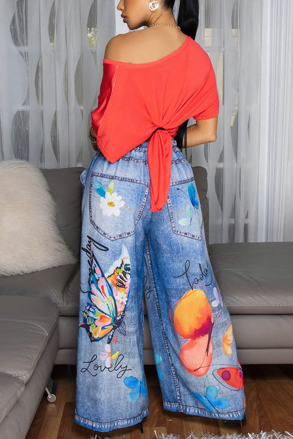 Butterfly Print Casual Elastic Waist Pocket Faux Denim Straight-Leg Pants