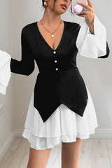 Fashionable Contrast Color Panel Long Sleeve Ruffled Mini Dress