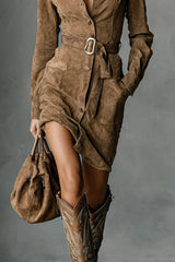 Fashion Suede Long Sleeve Waist Belt Pocket Slim Fit Mini Dress